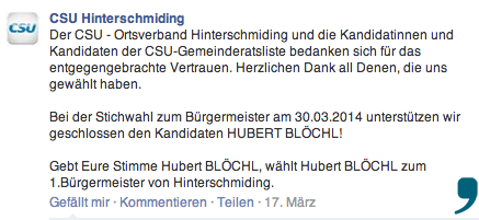 Bei Facebook hat sich die Hinterschmidinger CSU für den Kandidaten aus Herzogsreut ausgesprochen. Screenshot:facebook.de/Da Hog'n