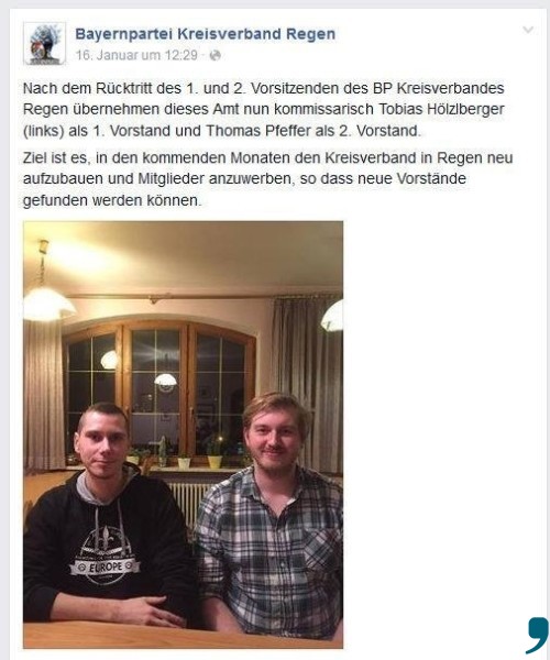 Tobias Hölzlberger versuche nun gemeinsam mit dem zweiten, kommissarischen Vorsitzenden Thomas Pfeffer den Kreisverband wieder aufzubauen. Screenshot: Bayernpartei-Facebook-Seite KV Regen.